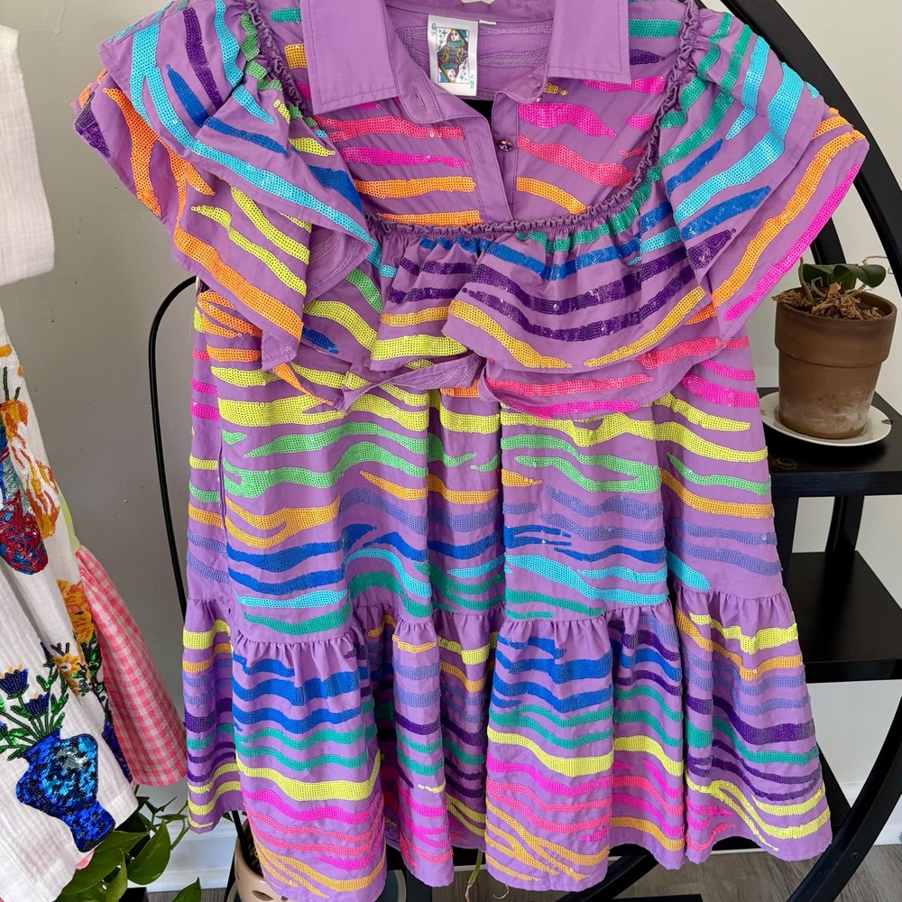 QUEEN OF SPARKLES Sequin Multicolor Striped Midi Dress. EUC